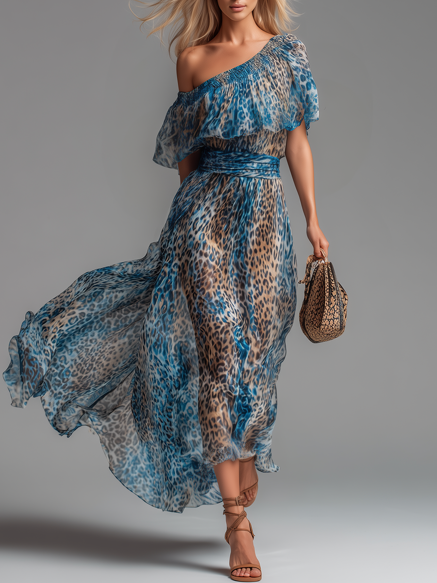Selvaggia - Off-the-Shoulder Leopard Print Long Chiffon Dress
