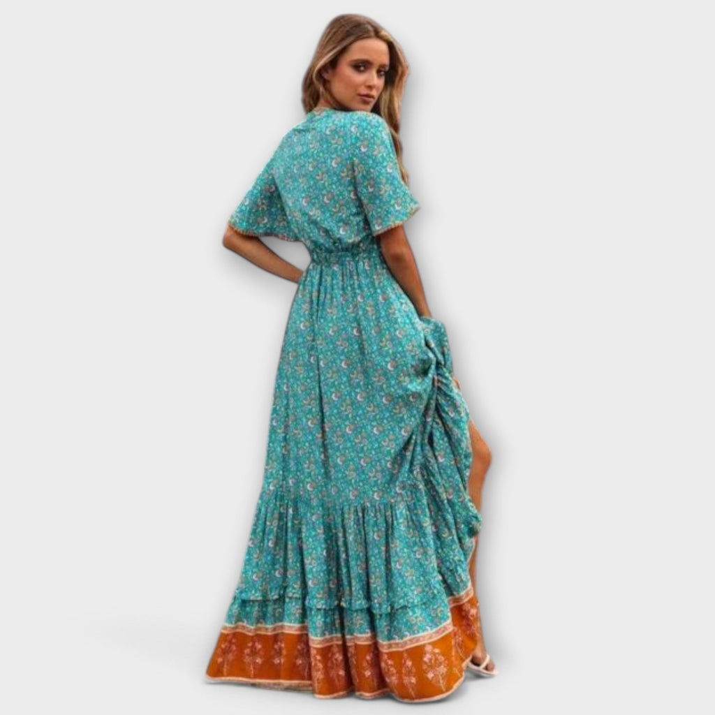 Blue floaty maxi boho dress with a floral print and high-leg split detail