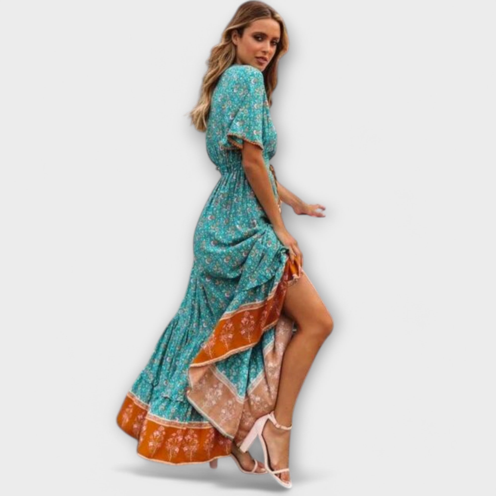 Blue floaty maxi boho dress with a floral print and high-leg split detail