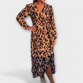 Leopard print wrap-style dress with V-neckline and adjustable waist tie