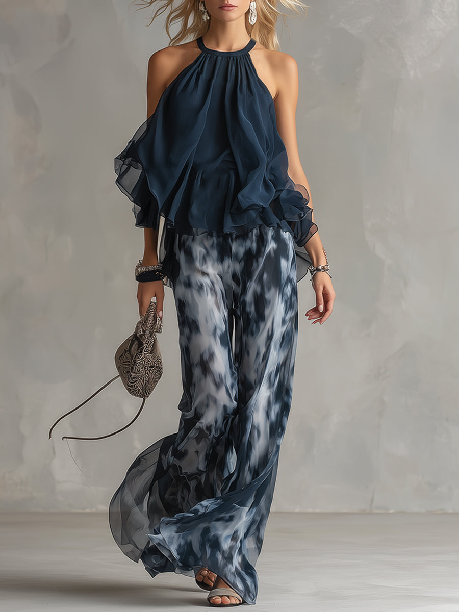 LUDOVICA™ | Elegant Chiffon Set with High-Neck Top and Wide Printed Trousers