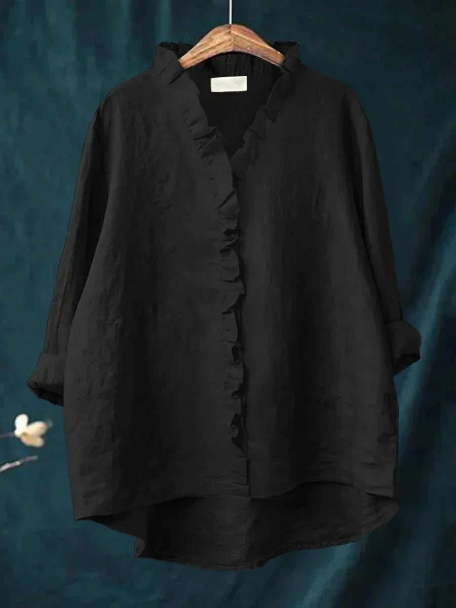 Floaty loose blouse with a feminine frill neckline detail in a relaxed everyday silhouette