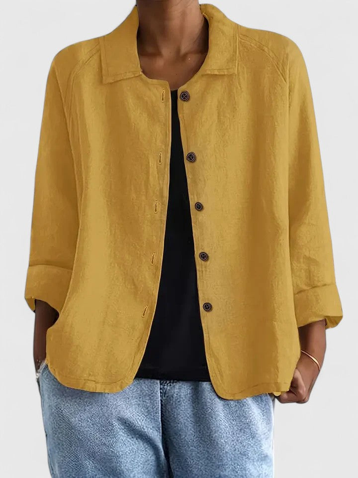 Women's lightweight button jacket in soft dusty blue with a relaxed, open silhouette