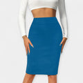 High-waist midi skirt in navy blue with clean lines and a polished structured finish