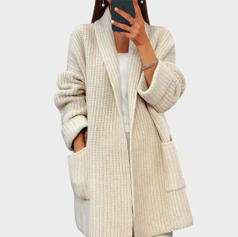 Ribbed open-front cardigan in beige and camel tones with deep front pockets
