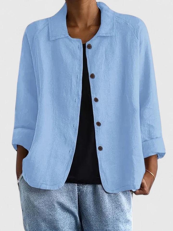 Women's lightweight button jacket in soft dusty blue with a relaxed, open silhouette