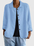 Women's lightweight button jacket in soft dusty blue with a relaxed, open silhouette