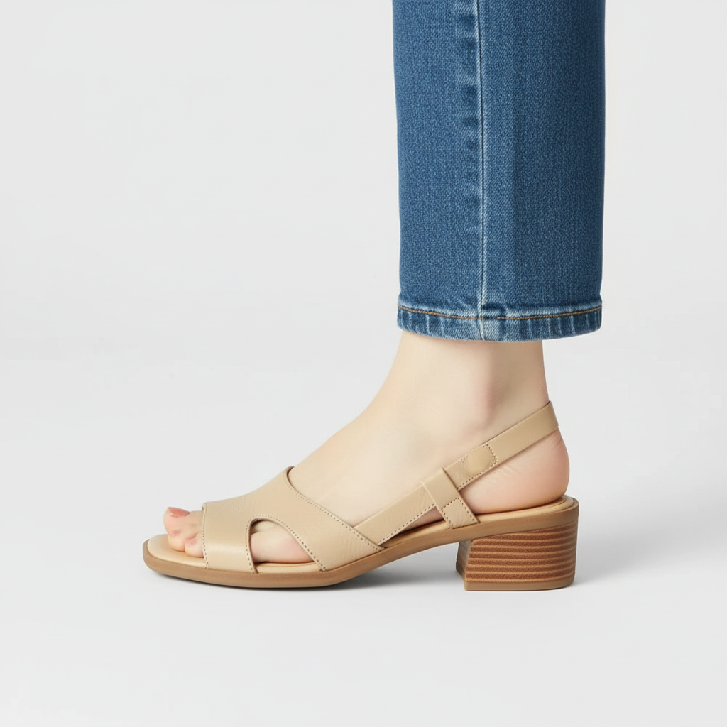 Apricot slingback heels with a single clean strap and wide block heel