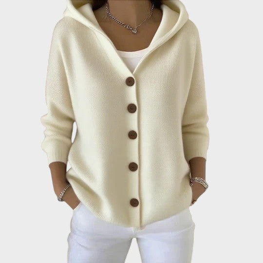 Relaxed oversized hooded cardigan with large buttons in rose pink, beige and blue shades
