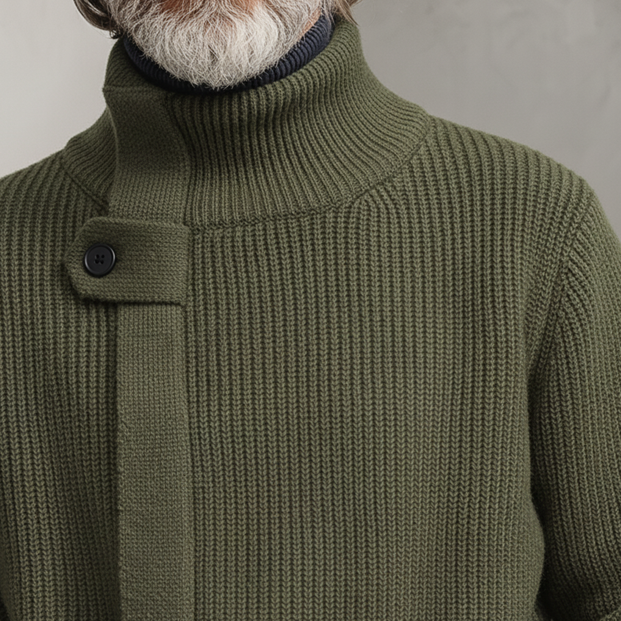 Men's zip-up stand-collar knit cardigan with belt in a relaxed smart-casual style