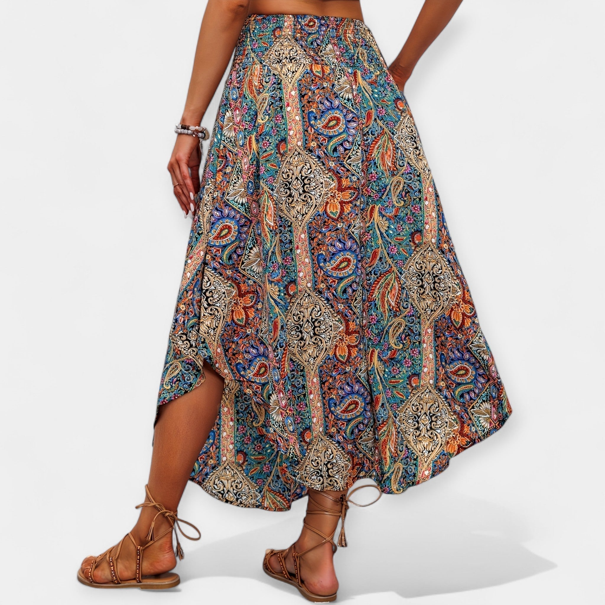 Floral print A-line midi skirt with a gathered ruffle hem and high waist in bright tones