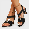 Elegant heeled sandals in black and beige with a ring-detail instep strap