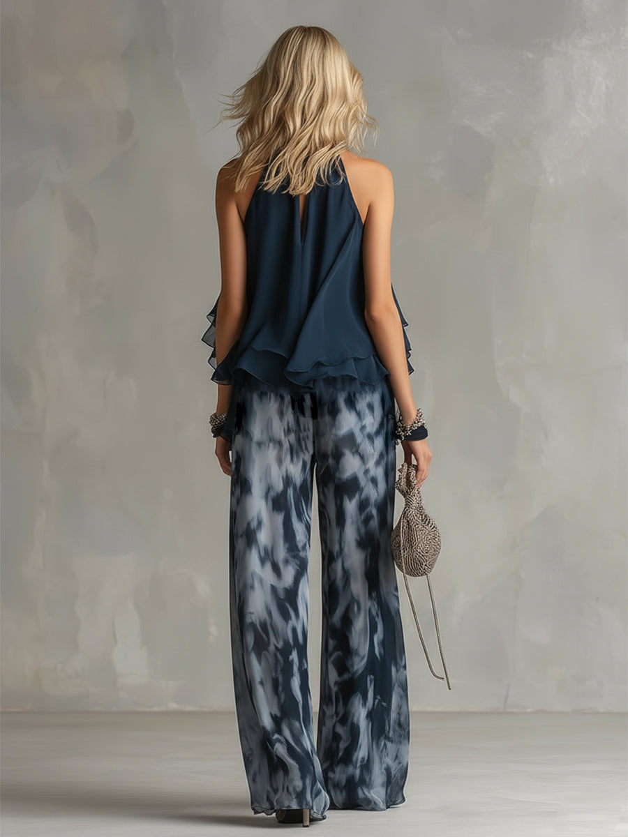 LUDOVICA™ | Elegant Chiffon Set with High-Neck Top and Wide Printed Trousers