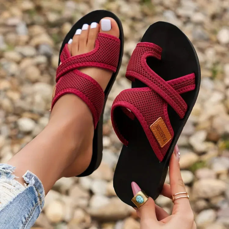 Crossover flat sandals in black, red and coffee brown