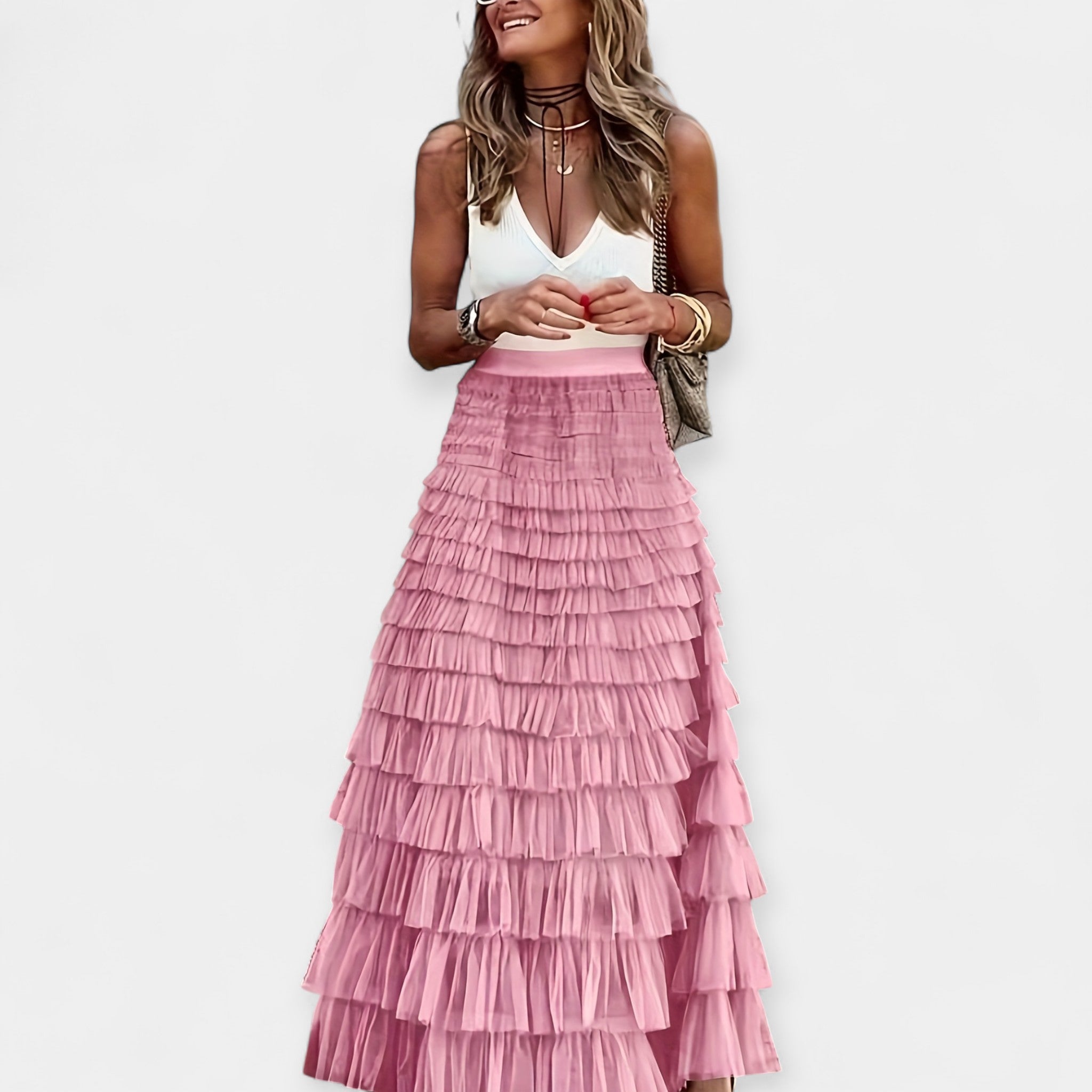 Boho high-waist midi skirt in dark green with a mesh hem border detail