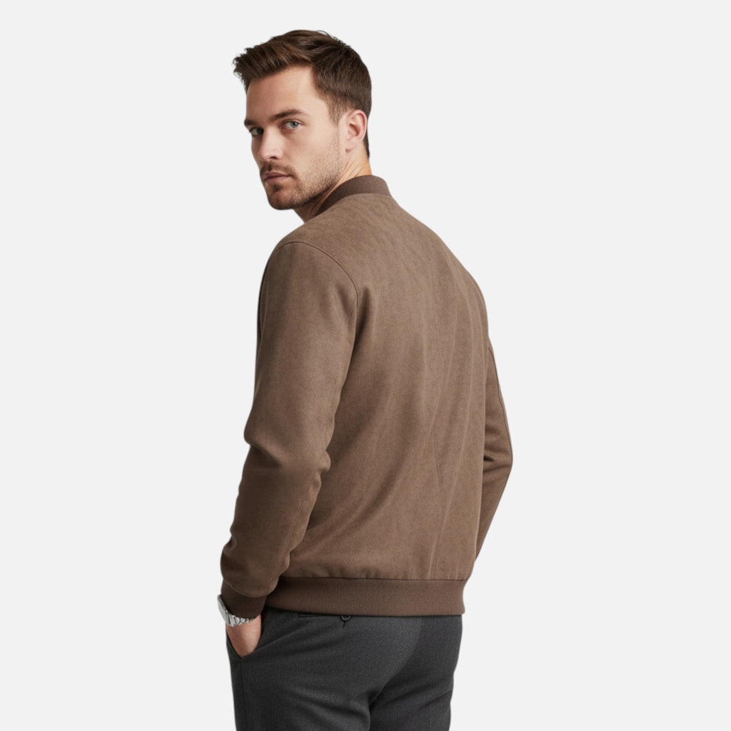 Men's brown textured bomber jacket with ribbed cuffs and clean zip front