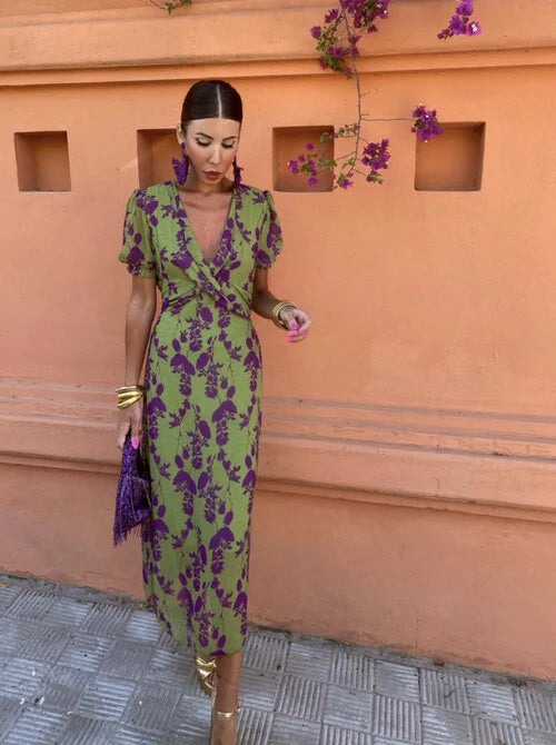 LOREN™ | Vibrant Midi Dress with Puff Sleeves