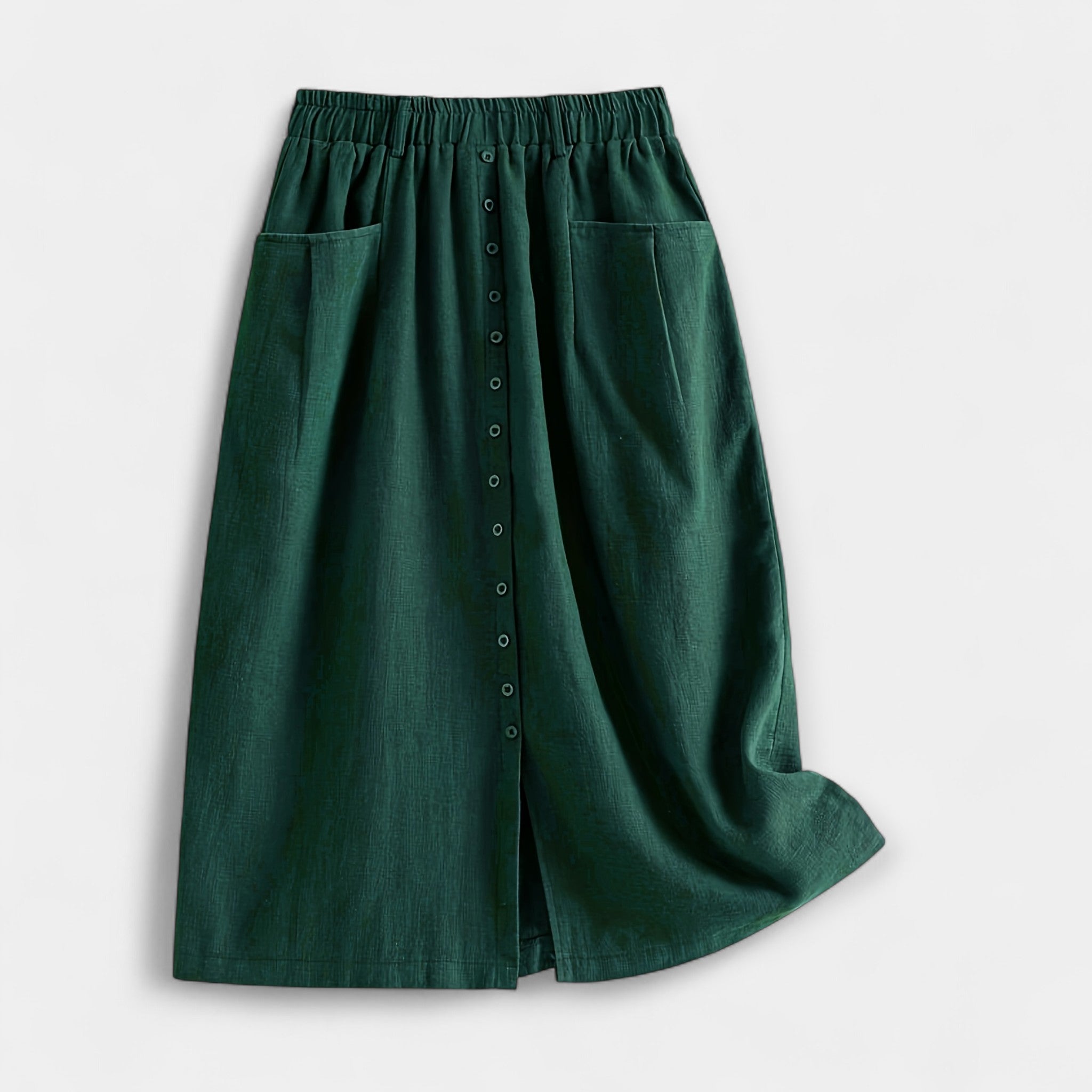 High-waist vintage-style midi skirt in dusty rose with functional front pockets