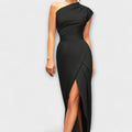 Elegant asymmetric evening dress in deep navy with a striking modern hemline