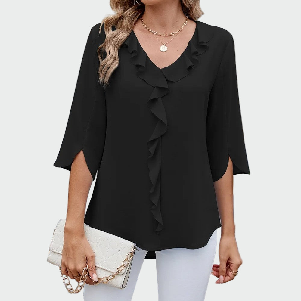 Ruffle-front V-neck blouse with three-quarter sleeves in a soft, floaty drape