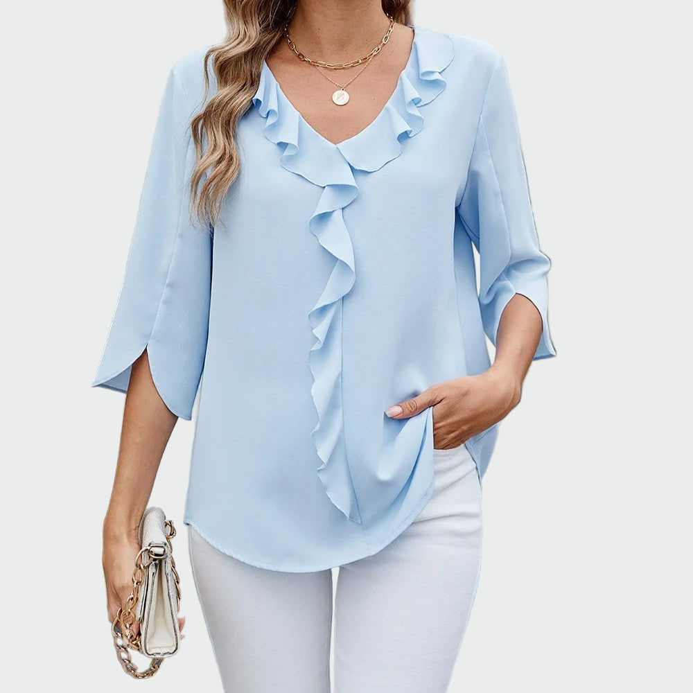 Ruffle-front V-neck blouse with three-quarter sleeves in a soft, floaty drape