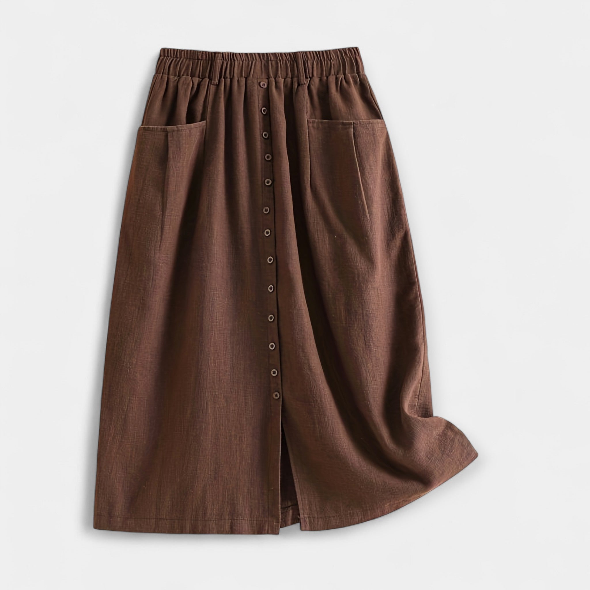 High-waist vintage-style midi skirt in dusty rose with functional front pockets