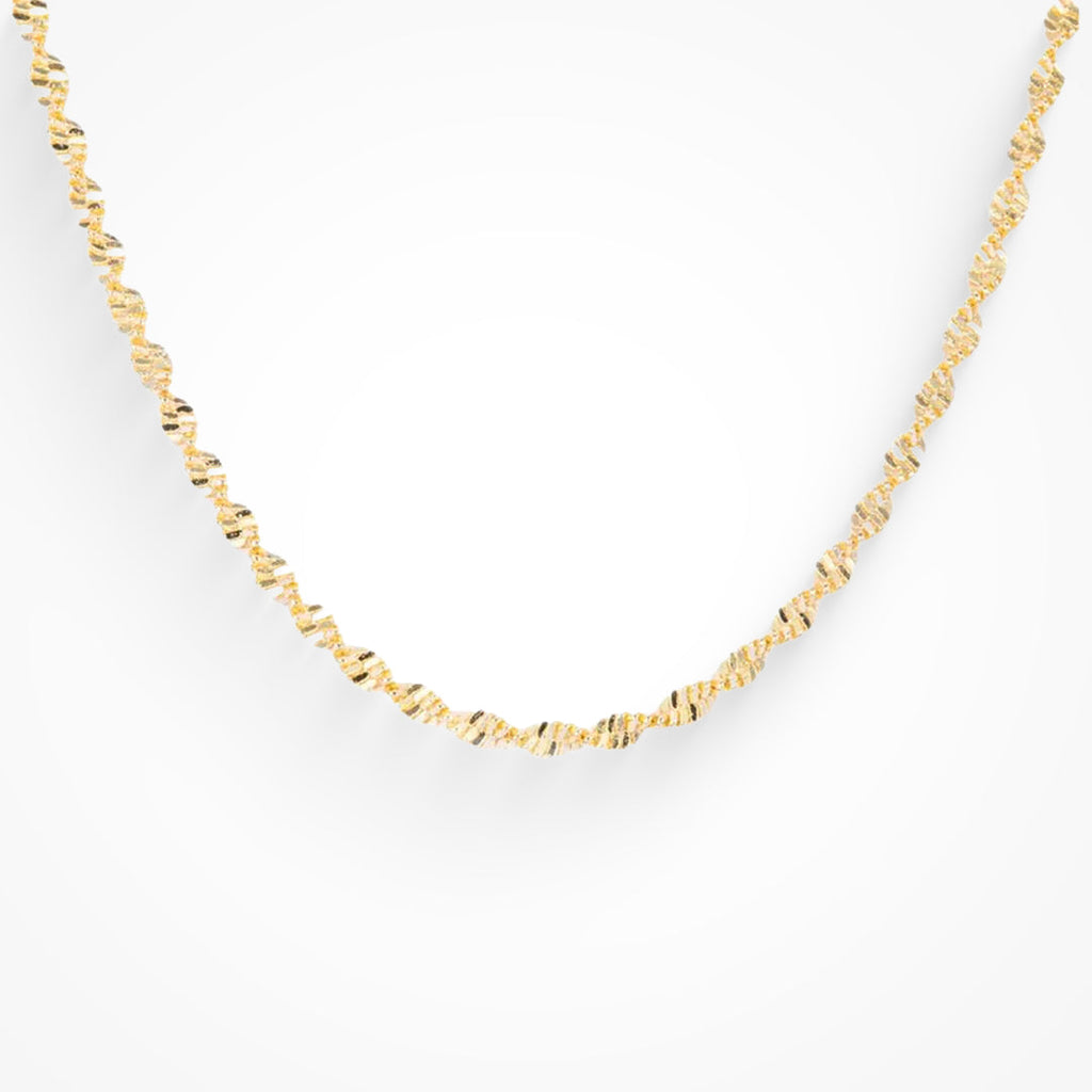 Double helix pendant necklace in gold tone on a plain white background