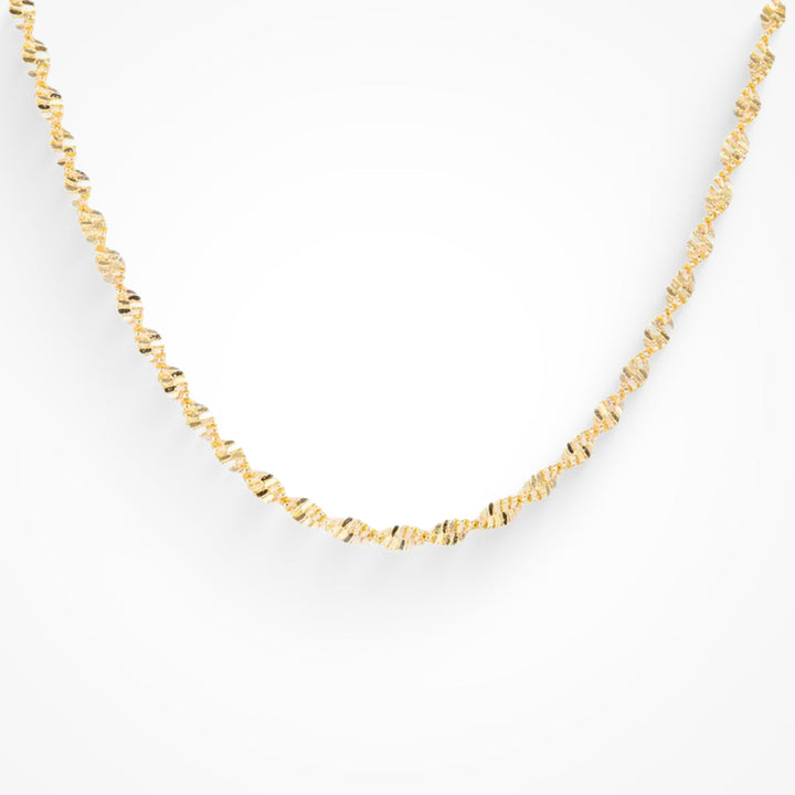 Double helix pendant necklace in gold tone on a plain white background