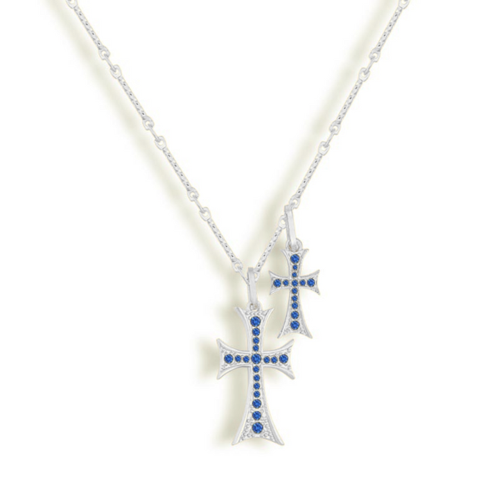 Double strand necklace with blue stone accents in a gold tone finish