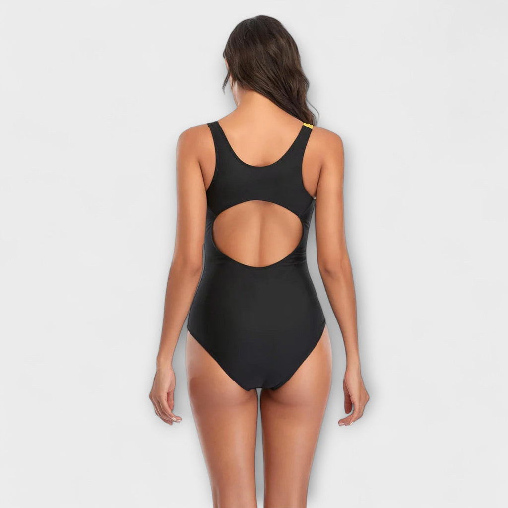 Women's sporty racerback swimsuit in yellow, orange and blue