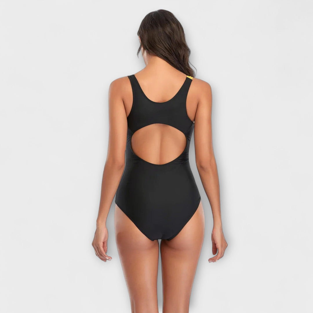 Women's sporty racerback swimsuit in yellow, orange and blue