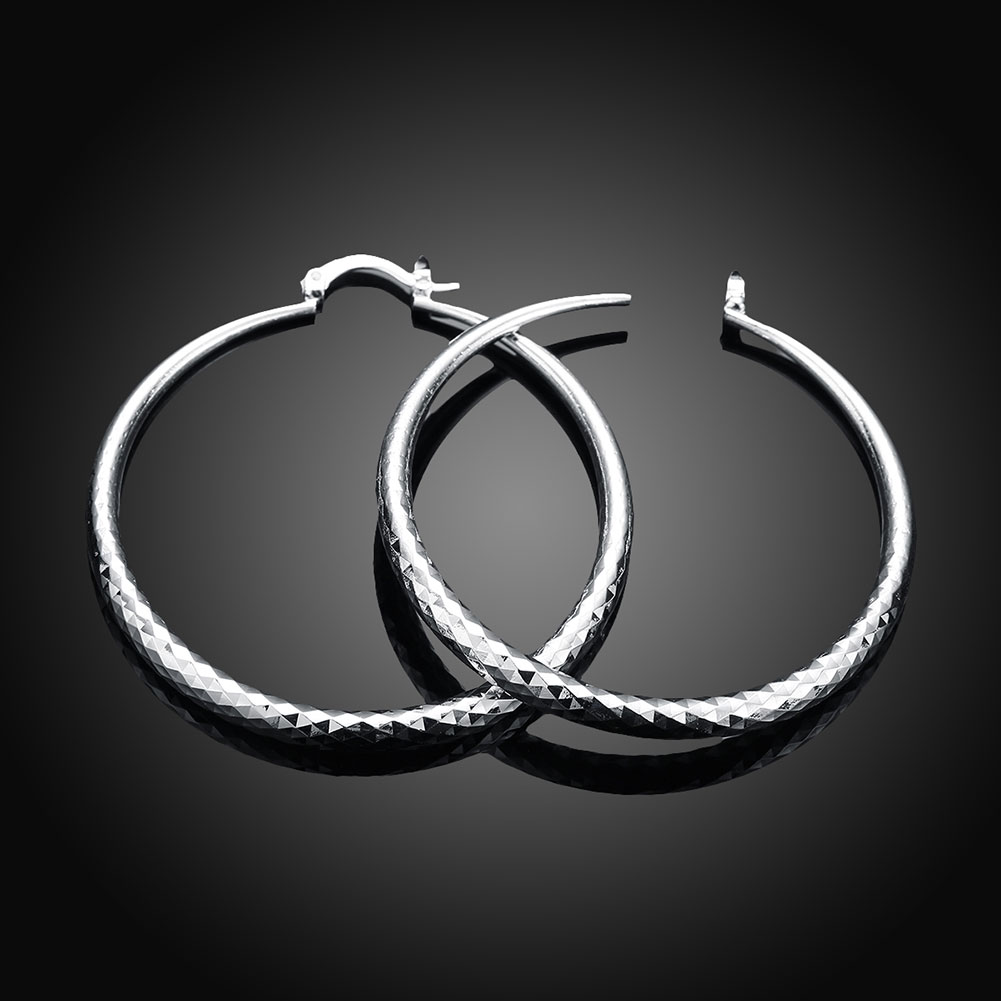 A pair of polished 925 sterling silver circular hoop earrings with a high-shine finish