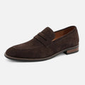 Men's tan coffee penny loafers with a clean structured upper and classic loafer silhouette