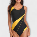 Women's sporty racerback swimsuit in yellow, orange and blue
