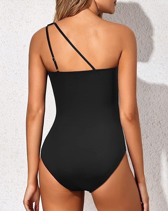 Black one-shoulder one-piece swimsuit with a clean asymmetric neckline