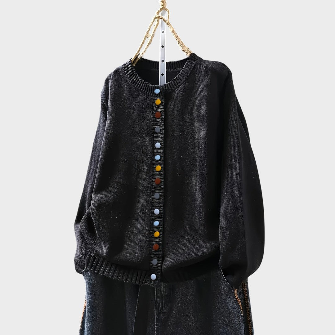 Elegant everyday cardigan in beige, dark brown and green tones with a clean, fitted silhouette