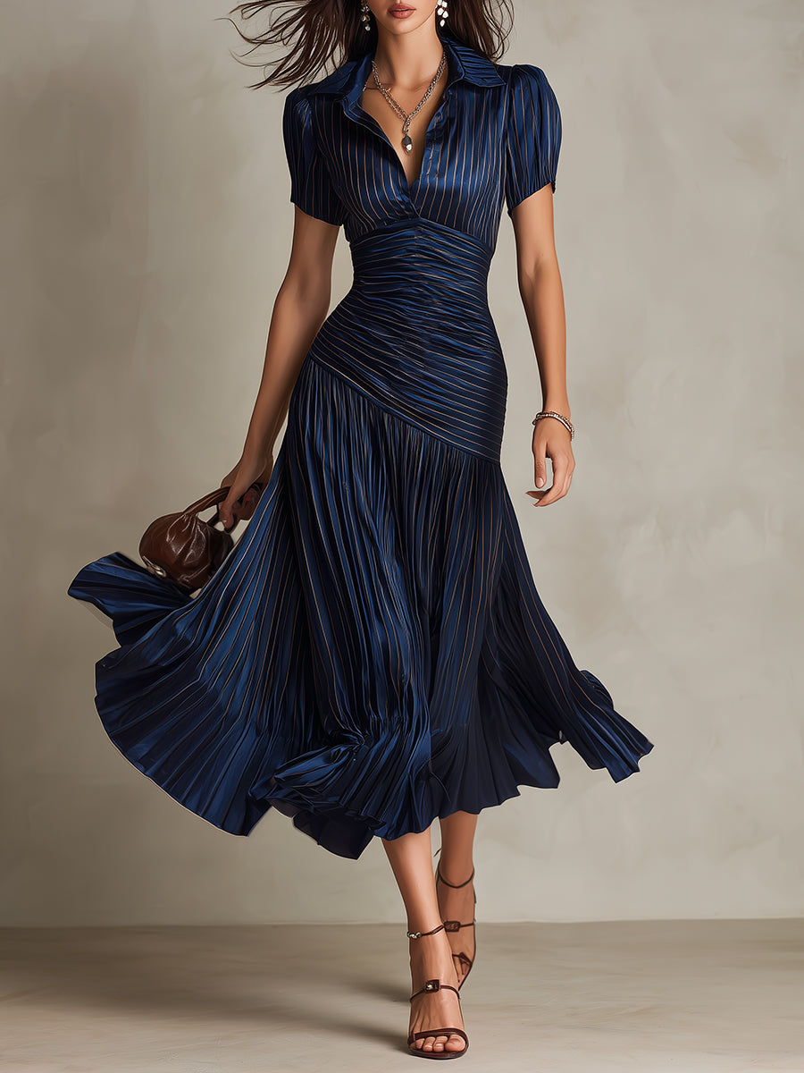 Adriana - Vintage-Inspired Satin Midi Dress with Stripes