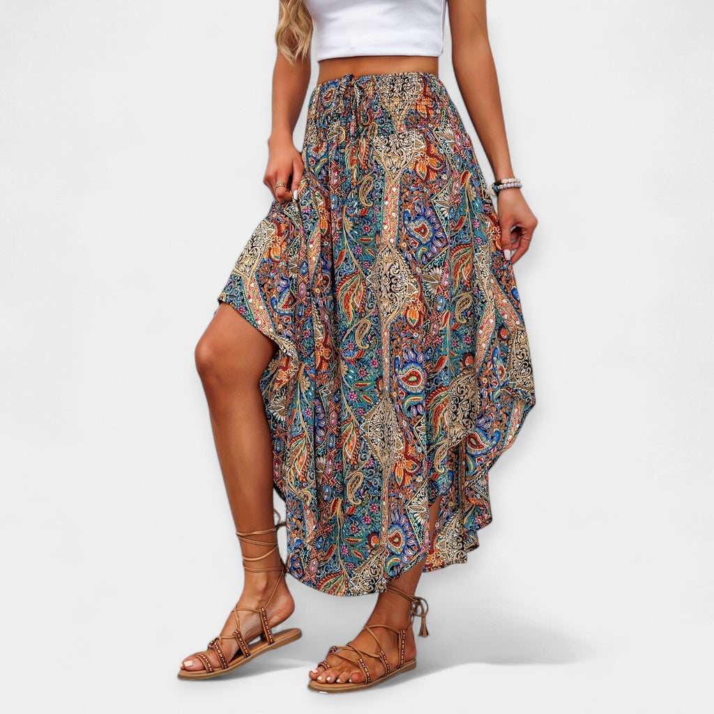Floral print A-line midi skirt with a gathered ruffle hem and high waist in bright tones