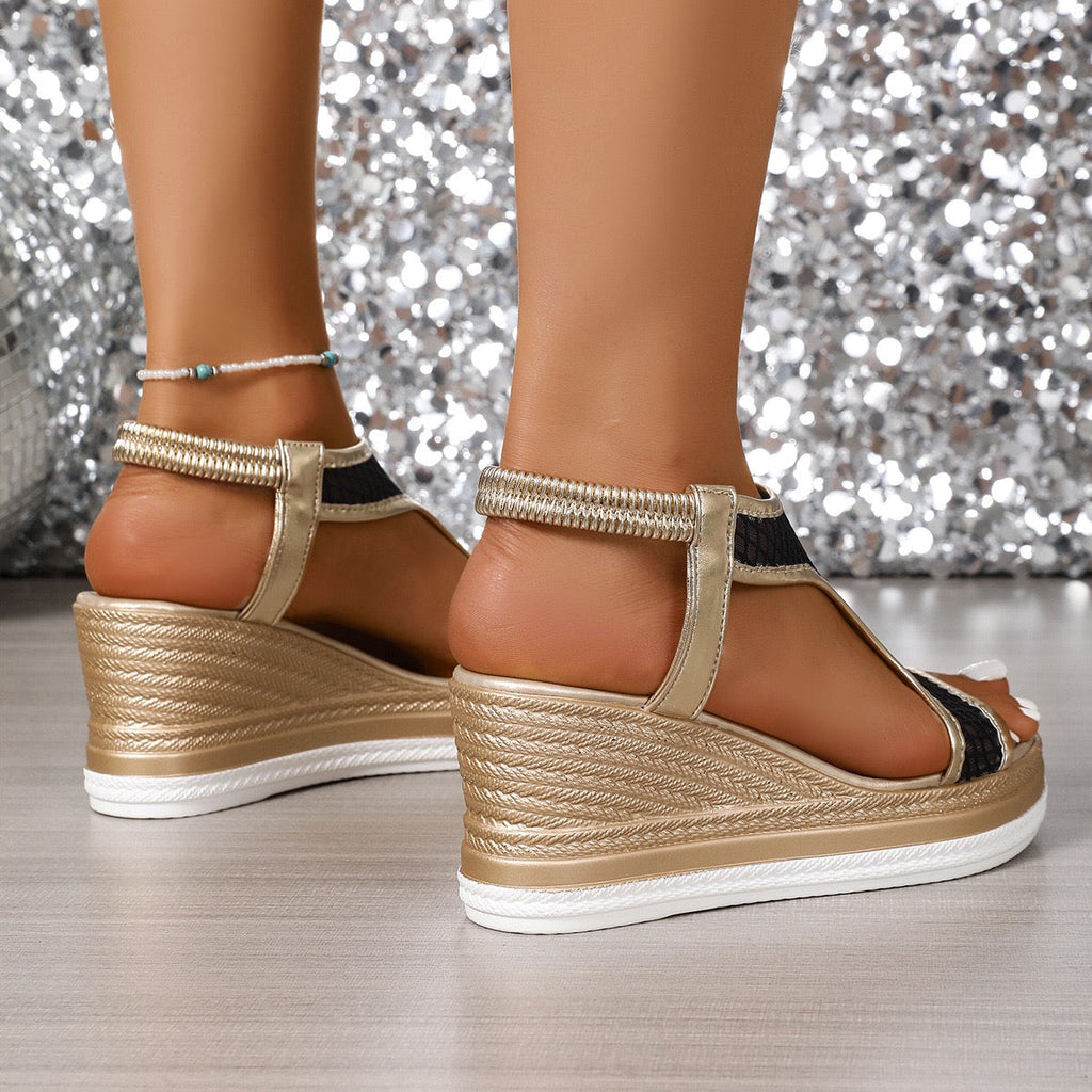Elegant wedge sandals with a shimmer embellished upper and ankle strap in black and beige