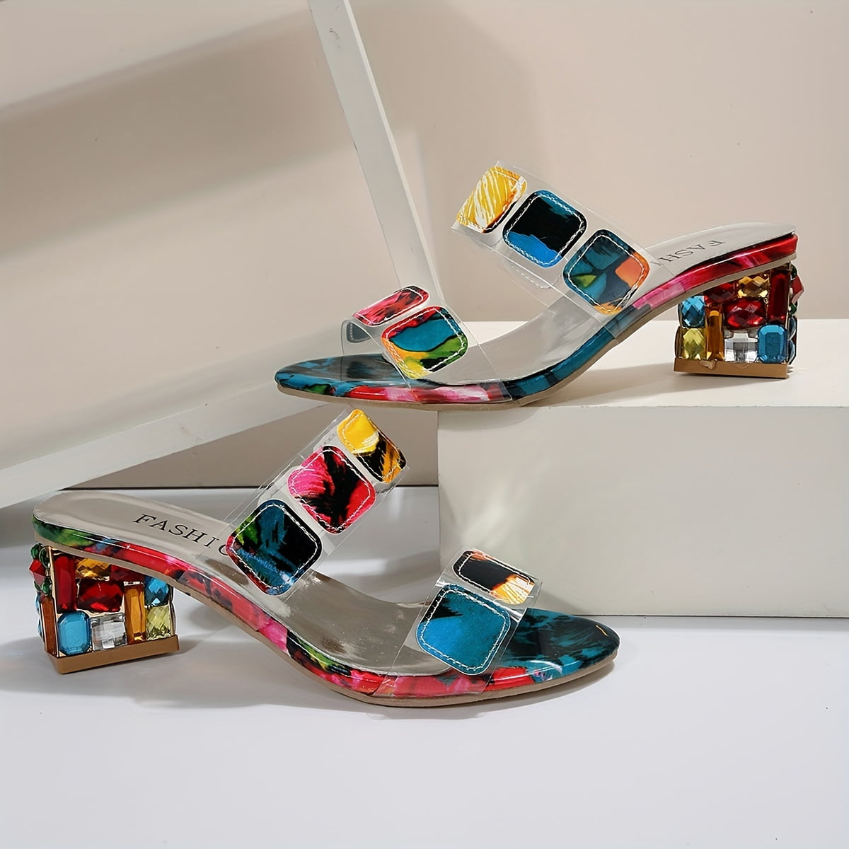 Jewelled heeled sandals with a colourful stone-studded upper and a backless design