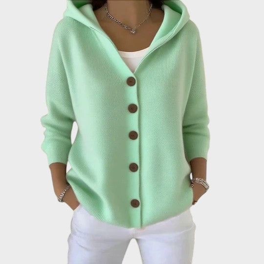 Relaxed oversized hooded cardigan with large buttons in rose pink, beige and blue shades