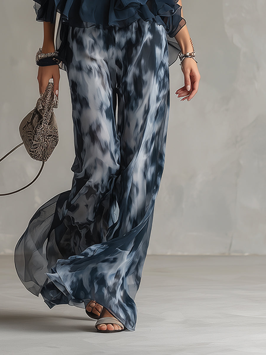 LUDOVICA™ | Elegant Chiffon Set with High-Neck Top and Wide Printed Trousers