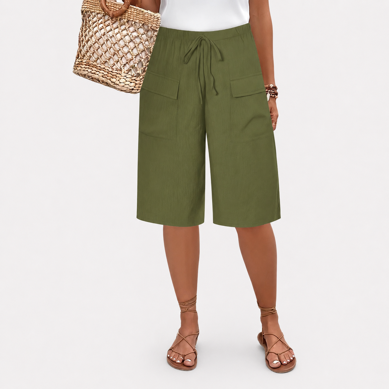 Women's high-waist shorts in terracotta with a relaxed leg and elasticated waistband