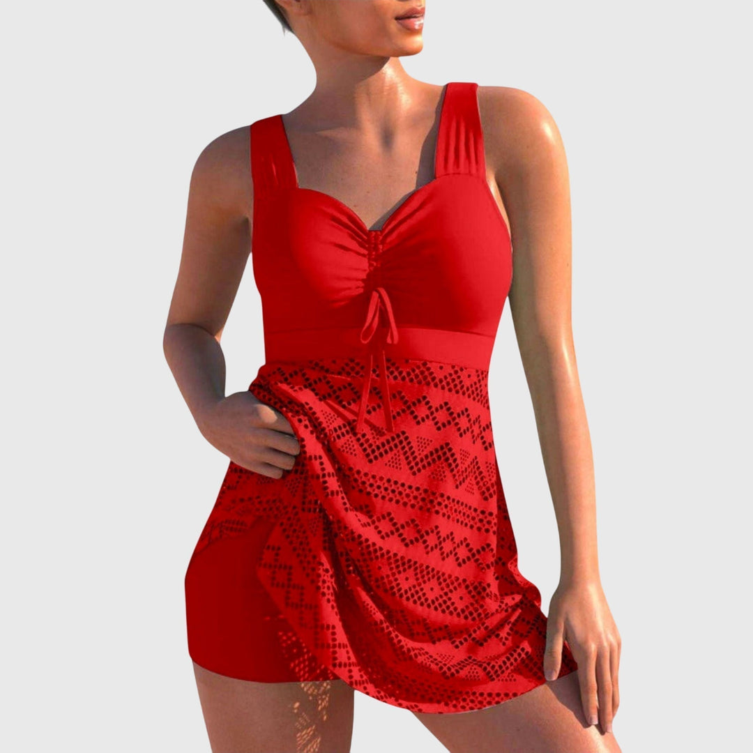 Tankini with integrated skirt in black, blue, light blue, rose, red, yellow and pink-red colourways