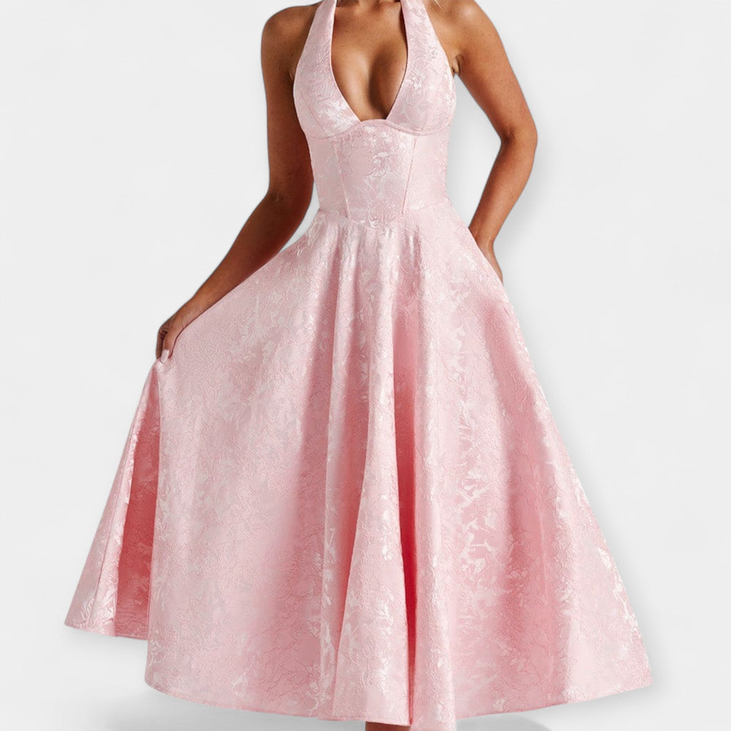 Floral-texture midi dress with structured corset bodice and adjustable open back in white