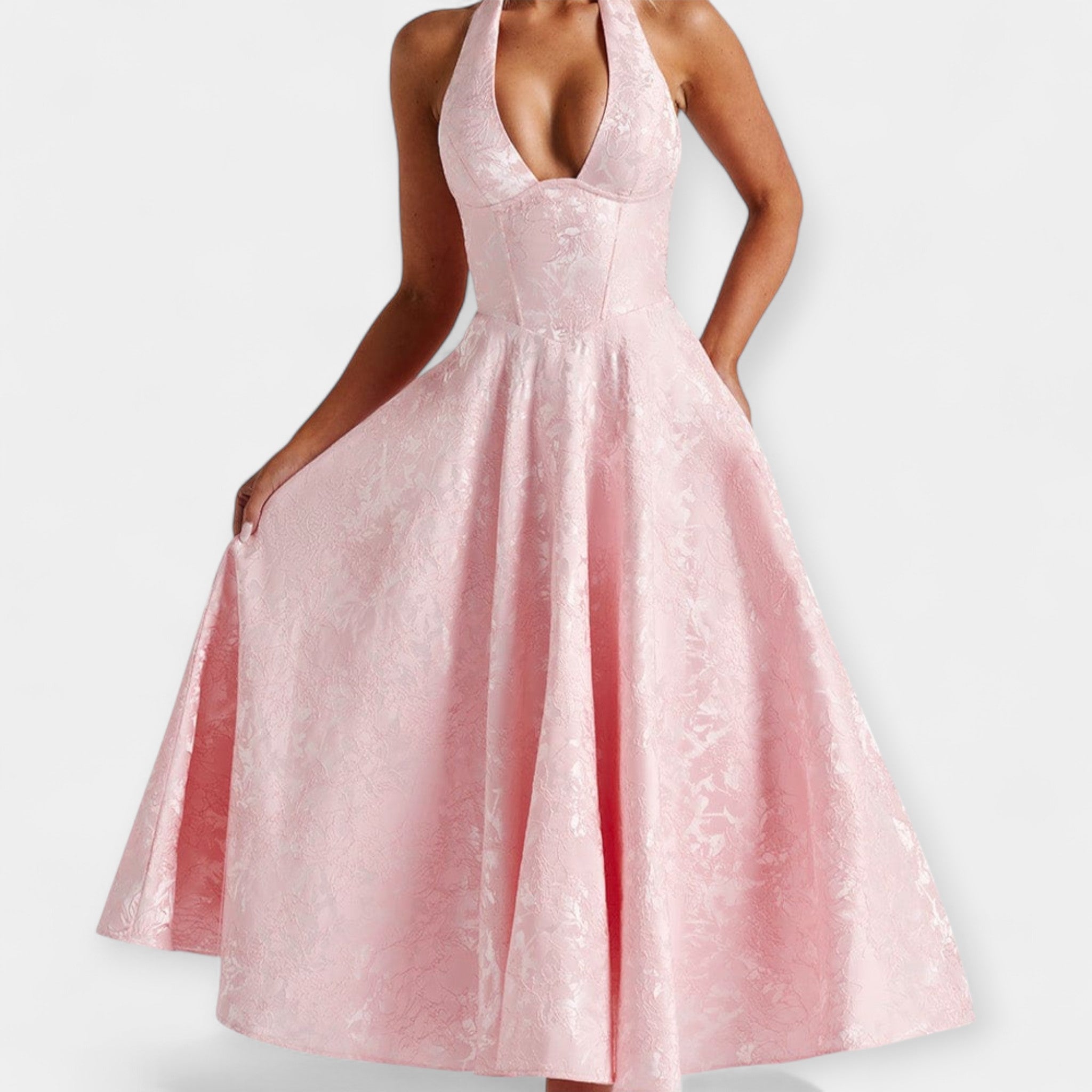 Floral-texture midi dress with structured corset bodice and adjustable open back in white