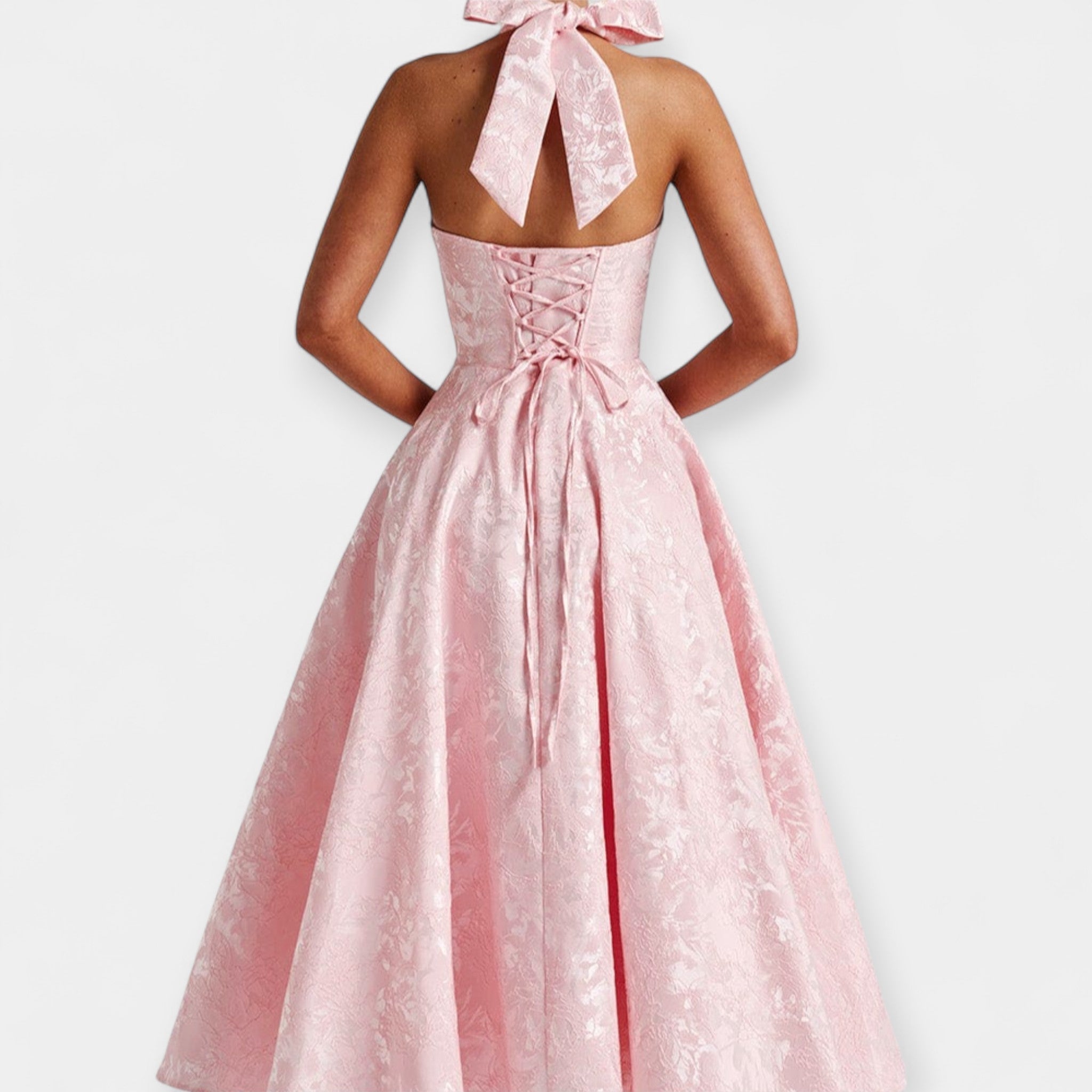 Floral-texture midi dress with structured corset bodice and adjustable open back in white