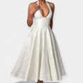 Floral-texture midi dress with structured corset bodice and adjustable open back in white