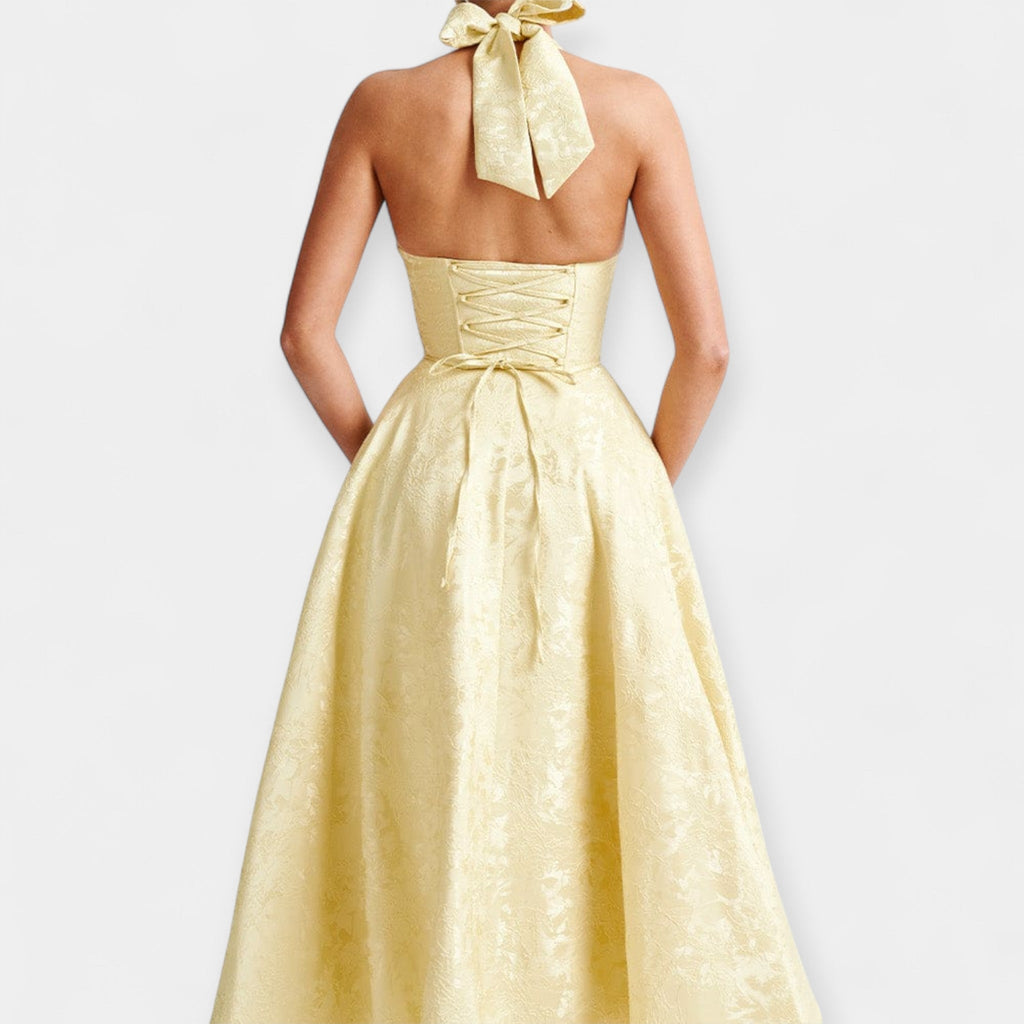 Floral-texture midi dress with structured corset bodice and adjustable open back in white