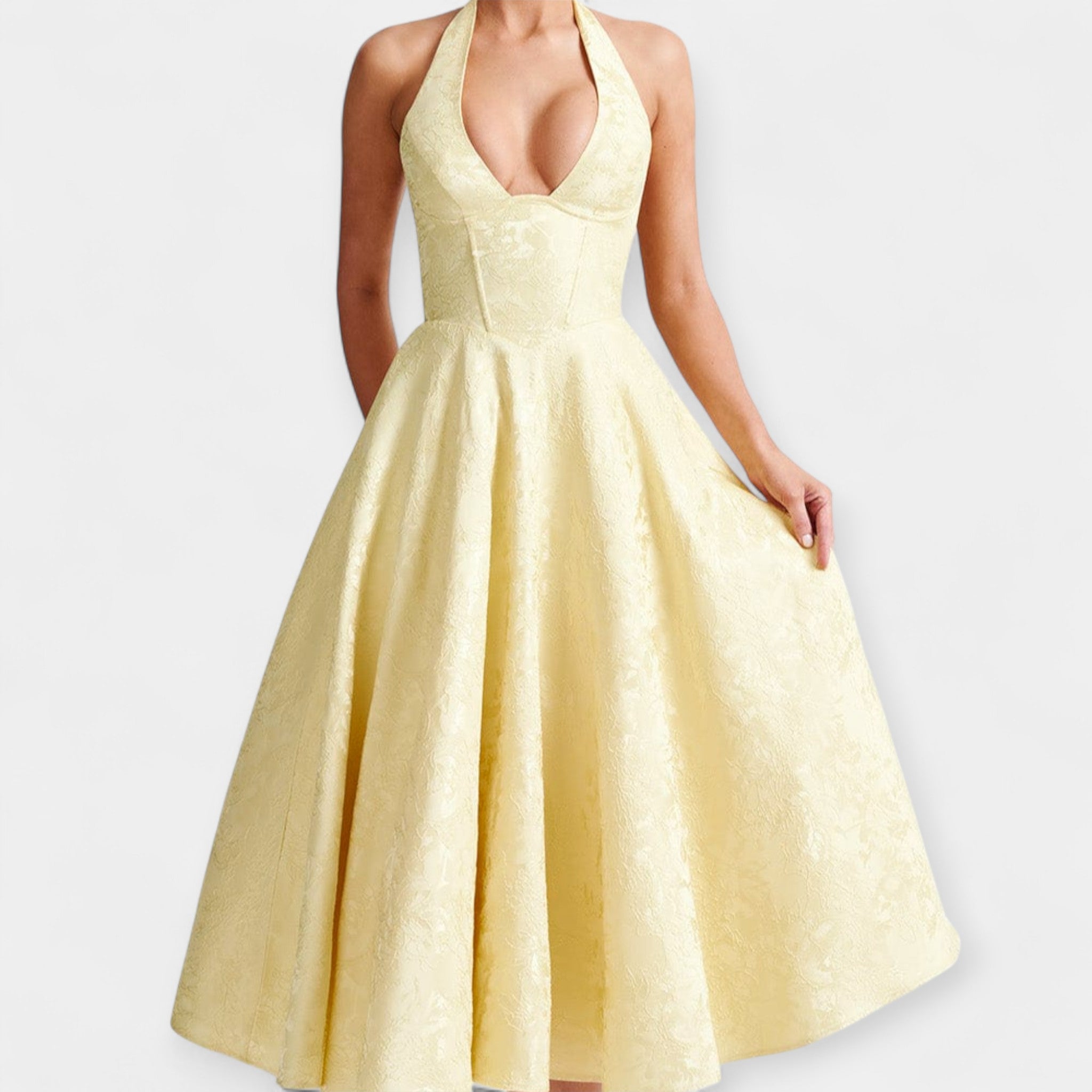 Floral-texture midi dress with structured corset bodice and adjustable open back in white